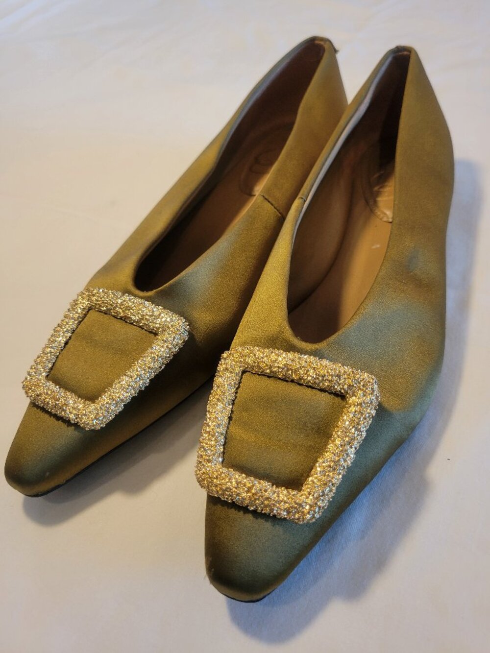 Sam Edelman Olive Satin Pointed Toe Flats Crystal Buckle Women's Size 7